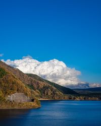 Scenic view of lake and mountains against blue sky