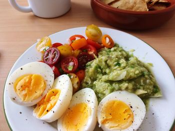 High angle view of breakfast served on table