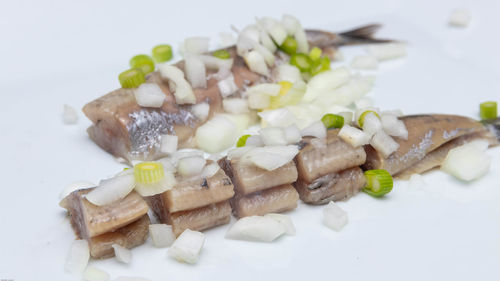 High angle view of chopped vegetables in plate