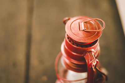 High angle view of red light bulbs on metal