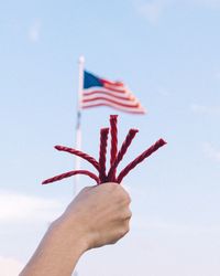 Low angle view of hand holding flag against sky