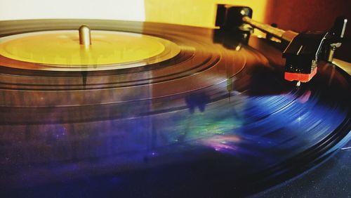 Close-up of record spinning on turntable