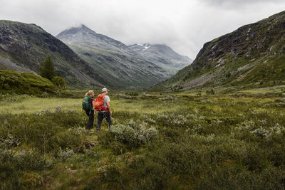 Hikers walking in mountains