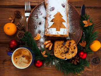 High angle view of christmas decorations on table