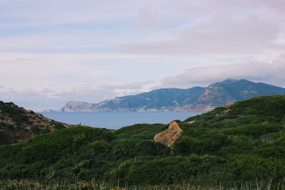 Scenic view of landscape and mountains against sky