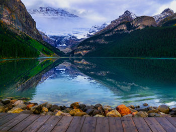 Scenic view of lake by snowcapped mountains against sky