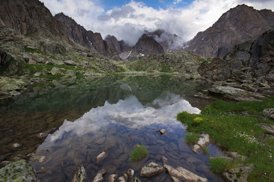 Scenic view of lake and mountains against sky