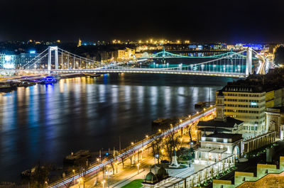 Suspension bridge over river at night