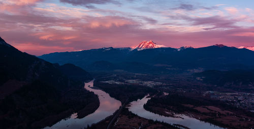 Scenic view of snowcapped mountains against sky during sunset