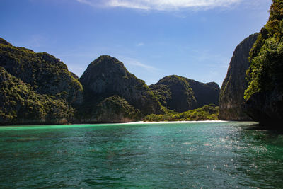 Scenic view of sea by mountains against sky