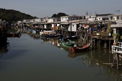 Boats moored at harbor against clear sky