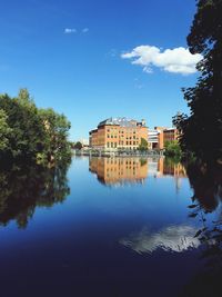 Reflection of trees and buildings in lake