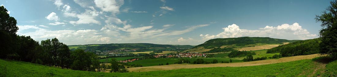 Panoramic view of landscape and mountains against sky