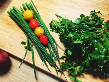 High angle view of vegetables on cutting board