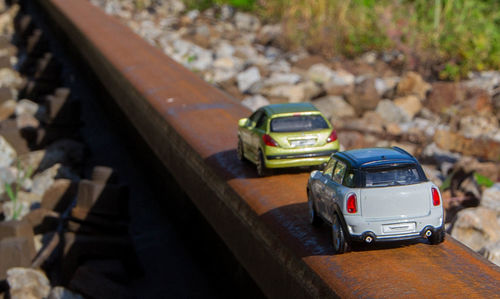 High angle view of toy car on street