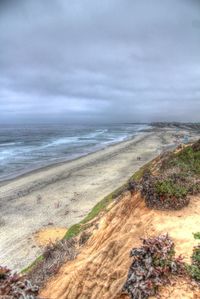 Scenic view of beach against cloudy sky