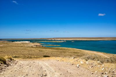 Scenic view of beach against blue sky