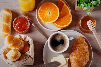 High angle view of breakfast on table