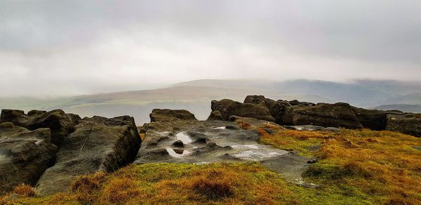 Scenic view of rock formations against sky