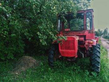 Tractor on field against trees