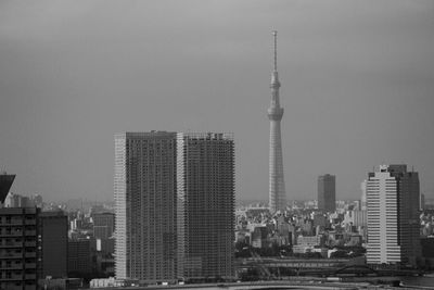 Modern buildings in city against clear sky