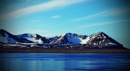 Scenic view of snowcapped mountains against sky during winter