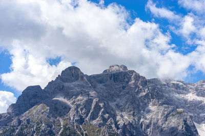 Low angle view of rocky mountains against sky