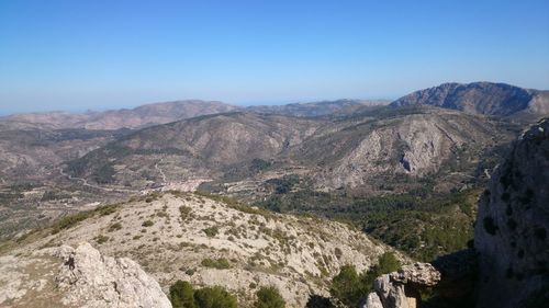 Panoramic view of mountains against clear blue sky