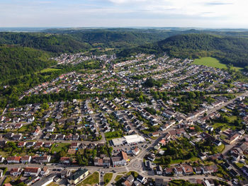 High angle view of townscape against sky