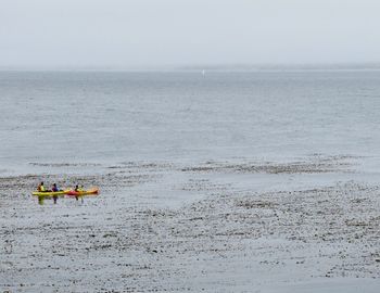 High angle view of people canoeing on sea