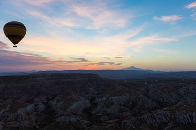 Hot air balloons flying over landscape