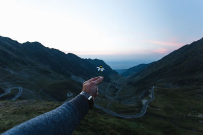 Cropped hand of man holding flower on mountain against sky during sunrise