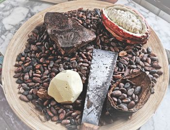 High angle view of meat in plate on table