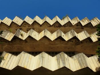 Low angle view of roof against clear blue sky