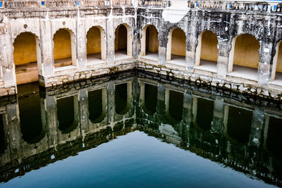 High angle view of pond by building 