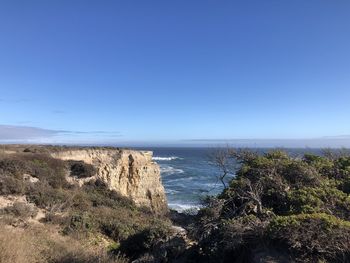 Scenic view of sea against clear blue sky