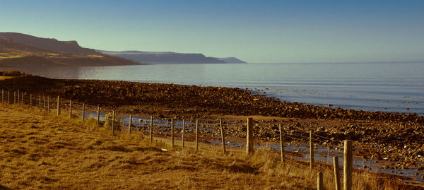 Scenic view of beach against clear sky