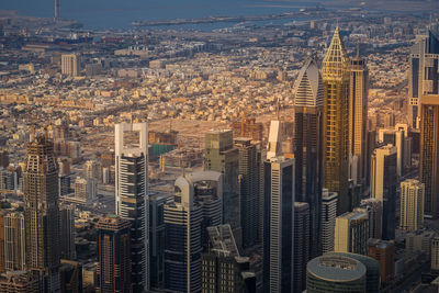 High angle view of modern buildings in city