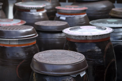 Close-up of old objects on table