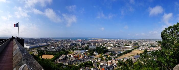 High angle view of buildings against sky