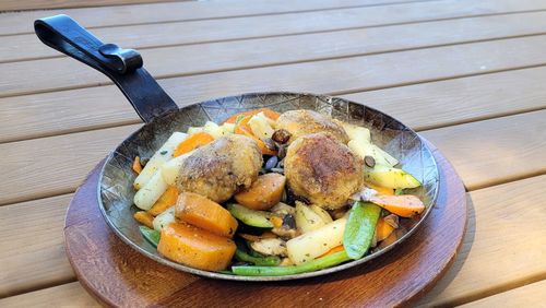 High angle view of food in plate on table