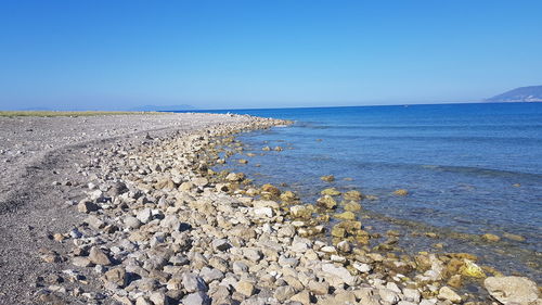 Scenic view of sea against clear blue sky