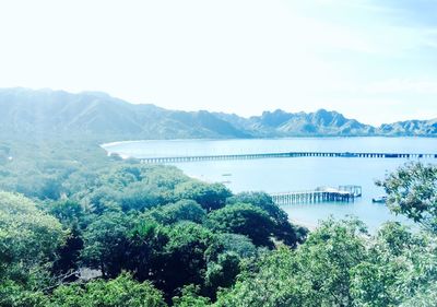 Scenic view of river with mountains in background