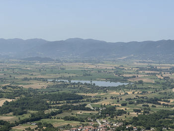 High angle view of townscape against clear sky