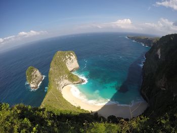 High angle view of bay against sky