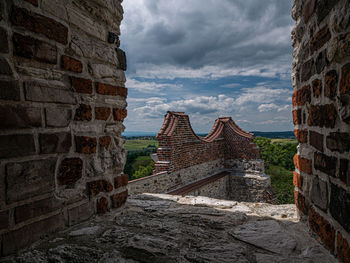 Buildings against cloudy sky