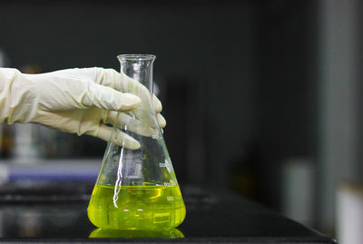 Cropped hand of scientist holding beaker at laboratory