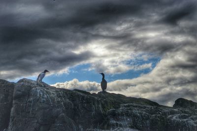 Low angle view of man standing on mountain against cloudy sky