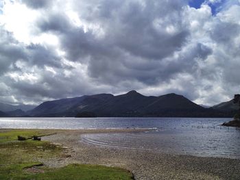 Scenic view of lake against cloudy sky