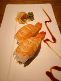 High angle view of sushi in plate on table